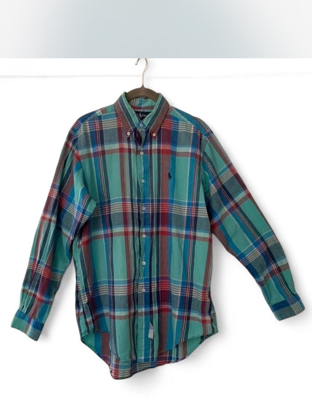 Mens Ralph Lauren Teal, Blue & Red Plaid Button-Down Shirt size M